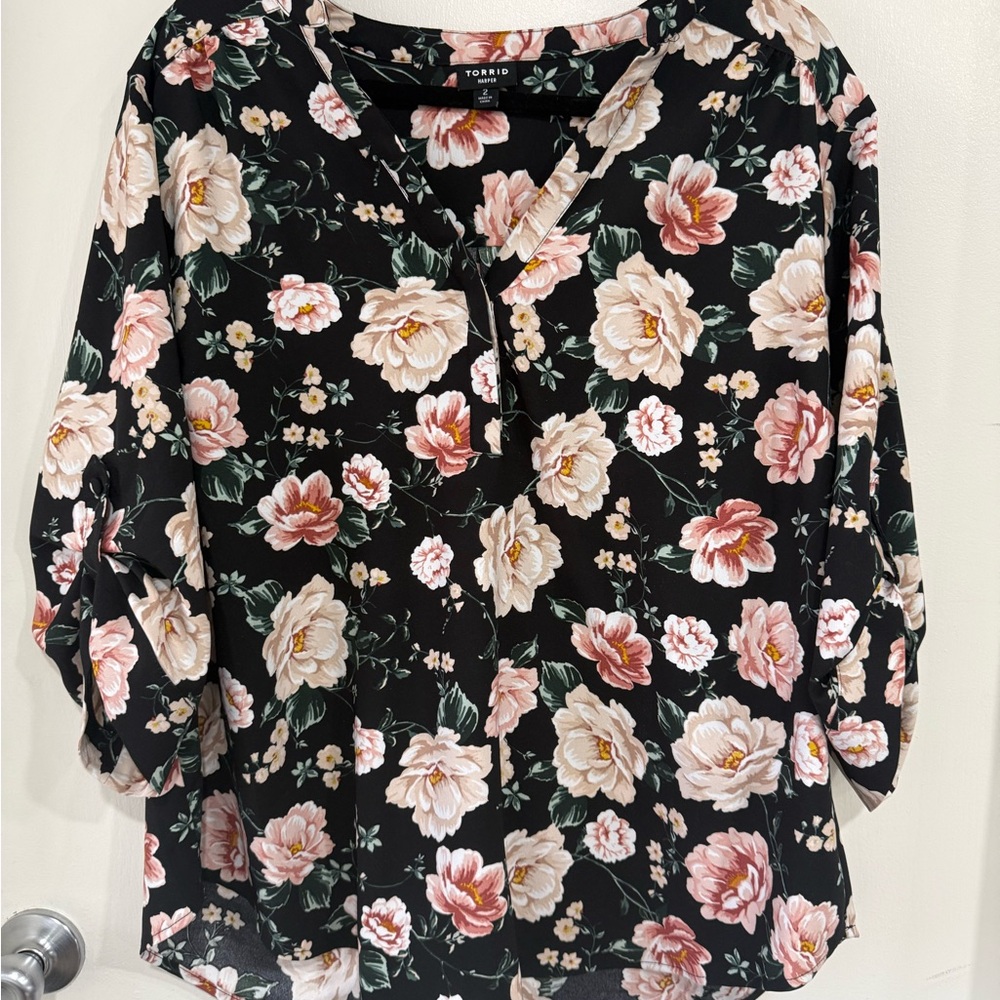 Torrid Black and Pink Floral Harper roll tab Blouse Size 2